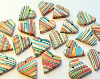 Rainbow Marbled Top Drilled 20 mm Handmade Polymer Clay Heart Beads Quantity 10