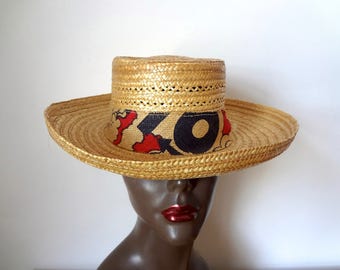 Vintage 1950s Straw Hat - NOS wide brim sun hat