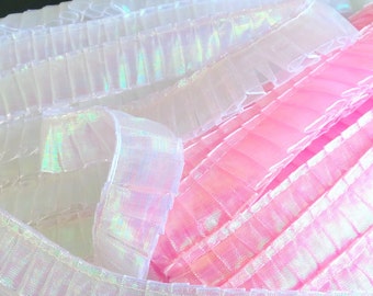 Pleated Organza Trim, Iridescent Pleated Ribbon White Ruffle Pleated Trim, Pink Pleated Ruffle Edging, Organza Pleated Ribbon Trim Wholesale