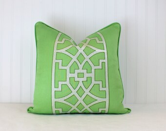 One or Both Sides - ONE Schumacher Mary McDonald Don't Fret Lettuce/Bittersweet/Bleu Marine Pillow Cover with Self Cording