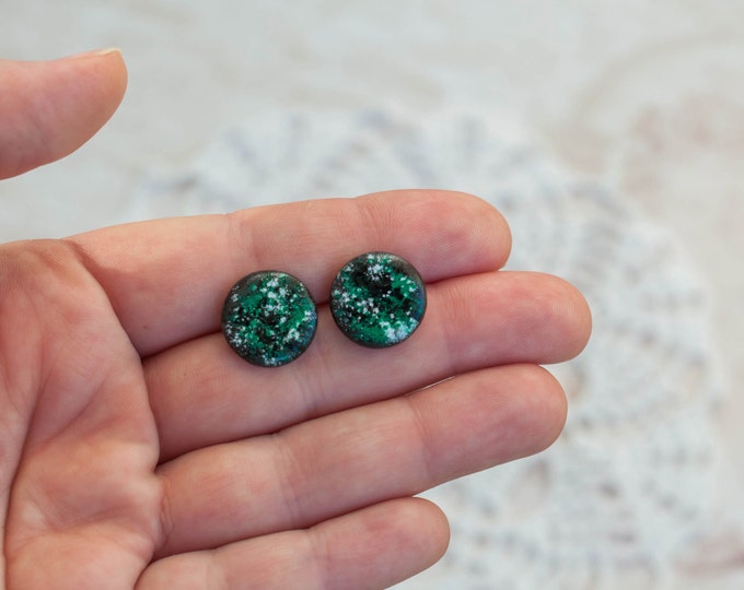 Green stud earrings, Green earrings, Stud earrings, Black green stud earrings, Small green earrings, Green stud earings, Green earrings stud
