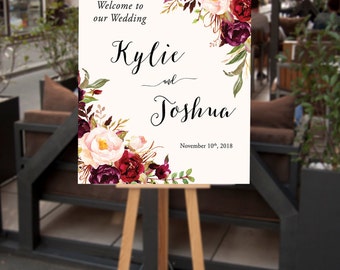 Wedding Welcome Sign, Large Floral Wedding Sign, Bohemian Wedding Decor, Printable Welcome Wedding Sign, Ceremony Reception Signage - Kylie