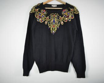 Black Jeweled Collar Sweater with Gold Detailing- Be Dazzled Sweater
