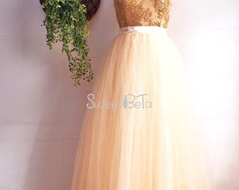 light champagne long length tutu tulle skirt, bridesmaid skirt, women wedding party tutu tulle skirt