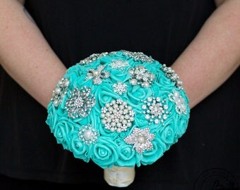 Mint brooch bouquet, teal blue wedding bouquet, spa blue broach bouquet, bling bouquet, turquoise aqua brooch wedding bouquet, bridal