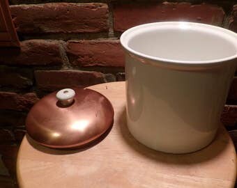 White Ceramic Canister with Copper Top, Vintage Ceramic canister with copper top, Vintage Benjamin & Medwin Canister