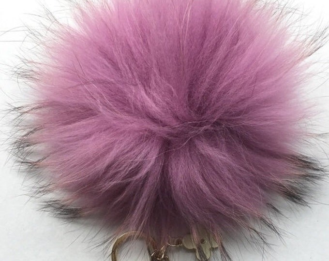 Pudre Purple with natural markings Raccoon Fur Pom Pom luxury bag pendant + black flower clover charm keychain