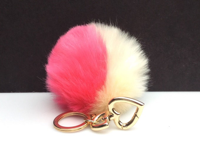 Faux Duo Hot Pink Cream Fur Pom Pom bag Keyring keychain pom pom fake fur ball