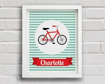 Custom Name Printable Art Print, Bike Bicycle Personalised Digital art, Nursery room decor, Boy Girl / DIGITAL FILE