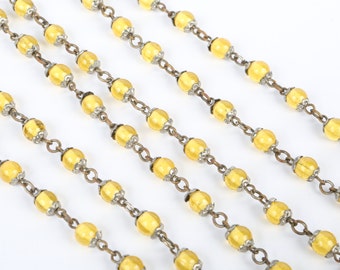 1920's-30's Yellow Glass Art Deco Chain Linked Silver Tone Capped Bead Flapper Necklace, Excellent VTG Cond., 57" Long, 6mm Wide Beads.