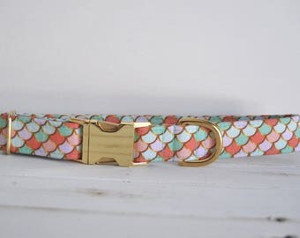 Mermaid Dog Collar, Fish Scales, Mint, Purple, Spring, Girl Dog Collar, Female, Gold Metal Buckle Dog Collar