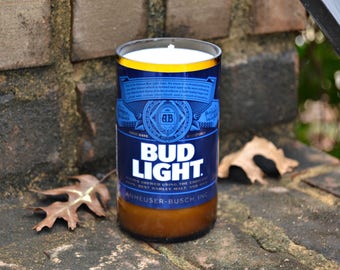 Bud Light beer bottle candle made with soy wax