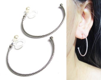 34mm Twisted Cable Clip on Hoop Earrings, 12F, Silver Hoop Clip on earrings, Invisible Clip on earrings, Gift for her, Non Pierced earrings