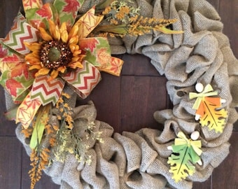 Large Fall Wreath - Fall Burlap Wreath - Autumn Wreath - Fall Leaves Wreath- Front Door Wreath for Fall