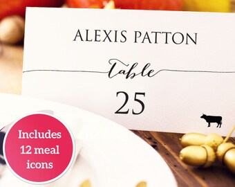 Wedding Place Card with Meal Icons Template, DIY Editable Card, Food Icon, Seating Card, Menu Icons, Wedding Printable Escort Cards
