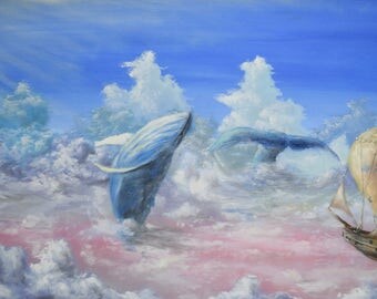 Original Painting 50x100 cm Oil on canvas "Whales in sky''