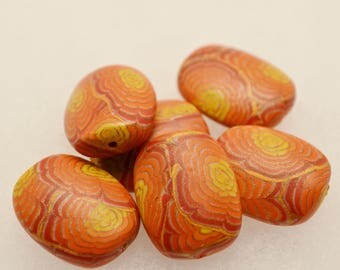 6 Polymer Clay Red, Orange, yellow and Gold Chrysanthemum beads