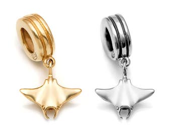 Manta Ray Charm #038-Fits Pandora Charm Bracelets, Manta Ray Pendant, Manta Ray Necklace, Ocean Charm, Animal Charm, Sterling Silver or Gold