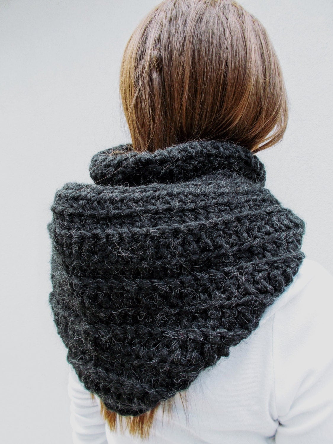 BLACK HOODED SCARF/Crochet Slouchy Cowl In Charcoal Black