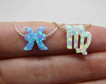 Zodiac jewelry, Zodiac necklace, Astrology necklace, Horoscope necklace, Opal zodiac charm, Zodiac sign necklace