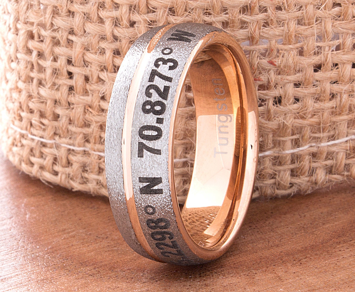 Tungsten Ring Coordinates Location Wedding Ring Customized Two Tone Laser Engraved Wedding Coordinates Anniversary Ring Latitude Longitude