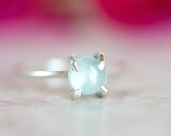 Chalcedony Ring, Aqua Blue Chalcedony Prong Set Ring, Round Light Blue Gemstone Ring