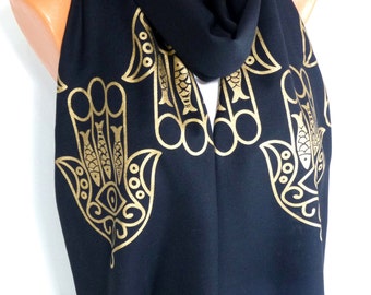 Scarf, Shawl, Hamsa Scarf, Hamsa Printed Scarf, Hands of Fatima, Hamsa Painted Shawl, Womens Fashion Accessories, Gifts for Mothers Day