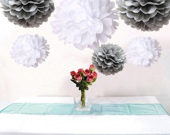 12pcs Mixed Grey White Paper Pom Poms Flower Wedding Garland Birtday Bridal Shower Nursery Hanging Party Decoration