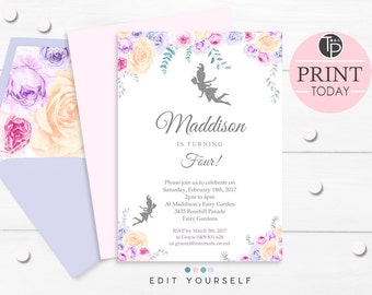FAIRY INVITATION, Instant download FAIRY Invitations, Fairy Silhouette Party Invitation, Fairy Party, Fairy Invitations, Floral Fairy
