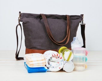 Unisex waxed canvas Diaper Bag,Large Tote Diaper Bag,6 pockets Nappy Bag,Canvas Leather Tote,Large Diaper Bag Set,Large Diaper Bag,Baby Bag