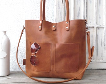 Leather tote, large leather tote, big leather tote, leather tote woman, leather tote women, modern laptop bag, Enie frontpocket - cognac!