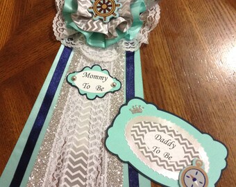 Nautical Theme Baby Shower/ Elegant Mommy-Daddy To Be Corsage/ Teal Navy Blue and Gray Pin/ Anchor Mommy To Be Sash/ Original Rudder Corsage