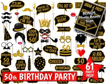 50th Birthday Party Printable Photo Booth Props. Black and Gold Glitter. Photobooth Selfies, Speech, Glasses, Hats, Ties, Lips, Mustaches.