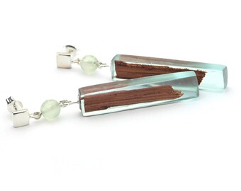 Prehnite earrings, Wood resin earrings, Silver earrings, Blue resin earrings, Gemstone earrings, Prehnite jewelry, Blue long earrings