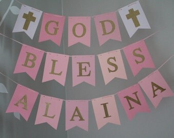 God Bless Banner, Baptism Banner, Pink Gold Baptism Banner, First Communion Banner, Christening Banner, Custom Name Baptism Sign, Pink Gold