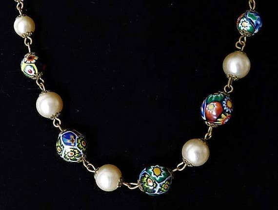 Millefiori Venetian Art Glass Faux Pearl Necklace 1920s 20s Art Deco Italy Italian Murano Glass Beaded Fashion Jewelry Wedding