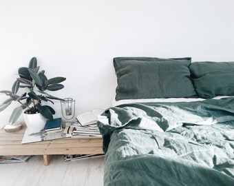 Emerald. Linen bedding set. Linen duvet cover and 2 pillow cases. Dark green, Twin, Euro/US Full, US Queen, US King