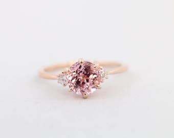 Round Champagne Sapphire, Three Stone Ring, Engagement Ring, Rose Gold Engagement Ring, Champagne Sapphire Ring, Diamond Ring, Wedding Ring