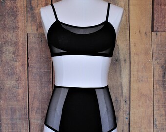 Black Lingerie Set, High Waist Panty, Soft Shelf Bralette, Mesh Lingerie