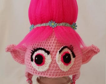 Poppy trolls crochet wig hat, poppy hat, princess poppy crochet hat, trolls costume hat, disney crochet hat,