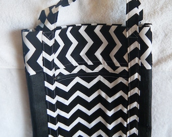 Vinyl Mesh Tote Bag, Market Bag, Beach Bag, Black Mesh with Black White Chevron, Zippered Pocket,