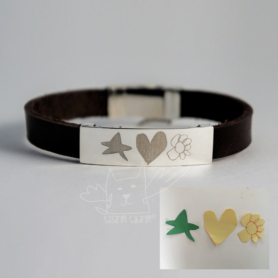 leather cuff bracelet, silver custom design bracelets for men, personalized gifts from your child's art, gift for him, personalized bracelet