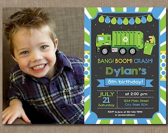 Garbage Truck Birthday Invitation, Garbage Truck Birthday Invite, Chalkboard, printable, photo invitation, chalkboard