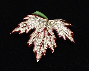 Vintage Rhinestone and Enamel Maple Leaf Brooch