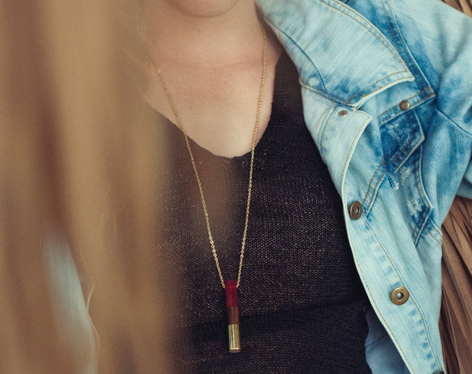 Red long necklace with pendant, wood resin necklace, cylinder pendant, boho necklace, wood resin jewelry, gift for mum, girlfriend gift
