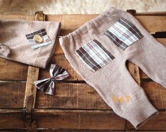 Newborn boy photo outfit, newborn photography, set baby boy, upcycled pants and hat, newborn photography props, ready to ship!
