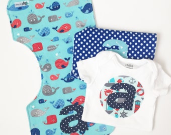 Personalized burp cloth boy-Burp clothes-Monogrammed-Nautical-Whales-Onesie-Personalized Baby gift boy-Burp rags-Nautical baby-Flannel-Set