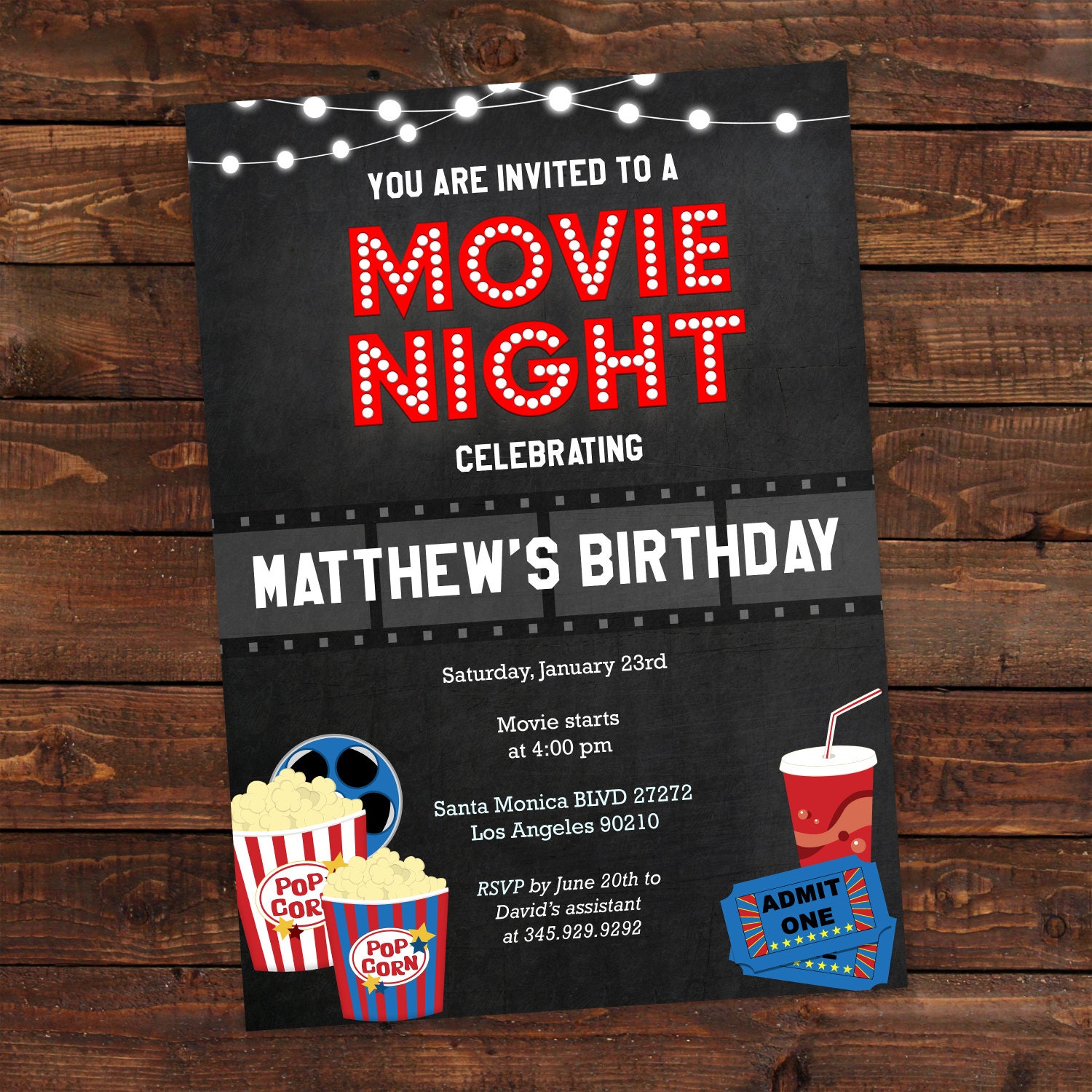 Printable Movie Night Party Invitation Digital Chalkboard