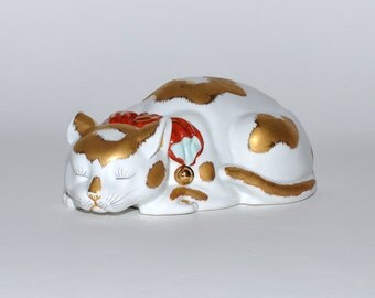 Vintage Piero Fornasetti Style Hand Painted Porcelain Sleeping Cat Figurine, circa 1950s – 1960s