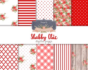 SALE Shabby chic red, shabby chic digital paper, floral digital paper red, roses digital paper, decoupage paper, red floral